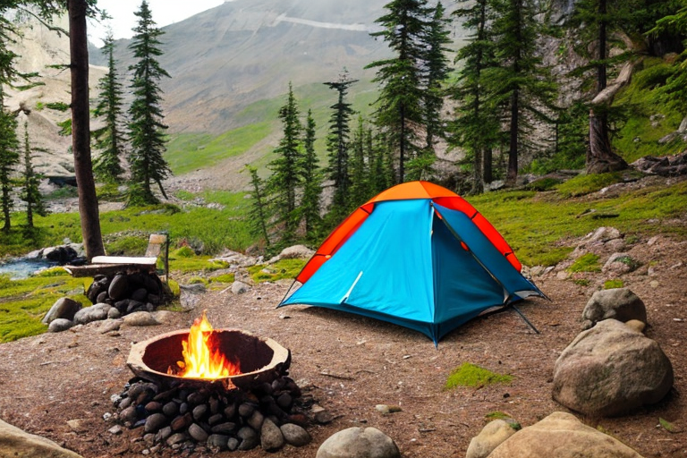 camping-tent-with-a-small-campfire-near-the-tent-and-a-waterfall-nearby-