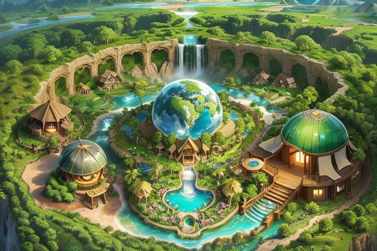 an-aerial-view-of-an-eco-village-with-a-grand-entrance-to-an-oasis-with-a-large-waterfall-lagoon