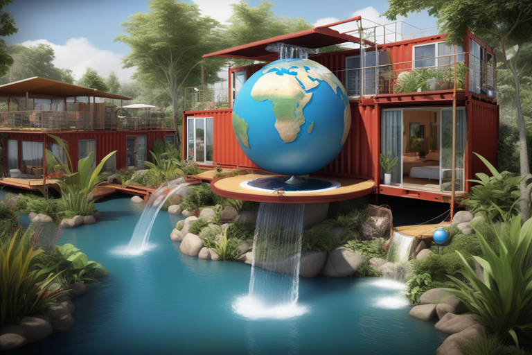 shipping-container-ecovillage-paradise-with-a-waterfall-lagoon-featuring-an-earth-globe-centerpiec