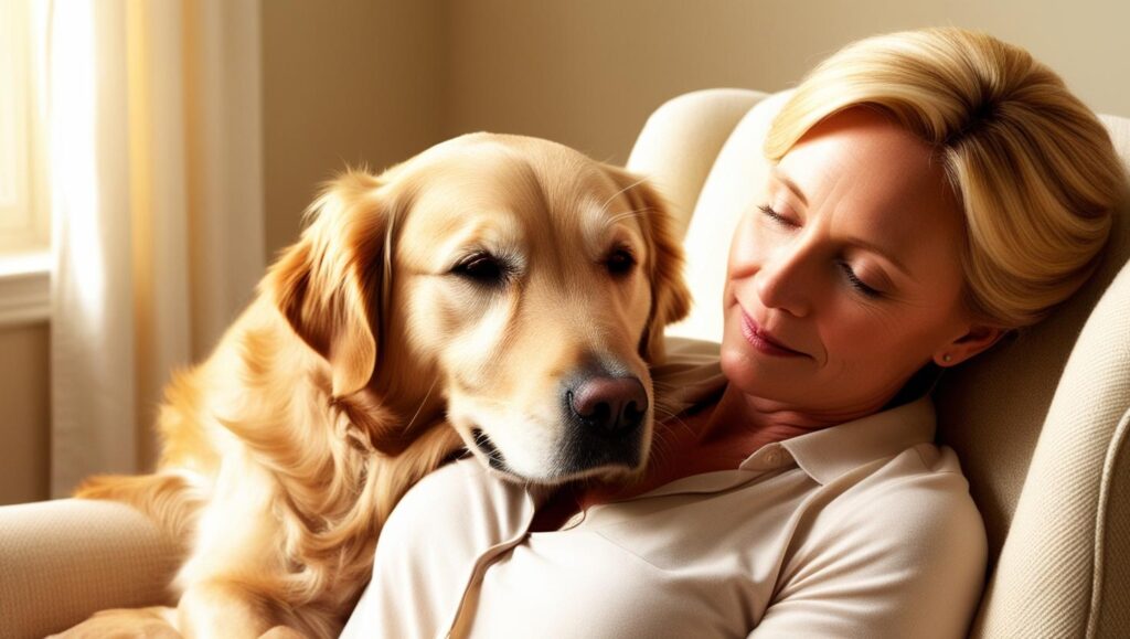 An image of a dog comforting a person with the theme_ Healing Power of Animals