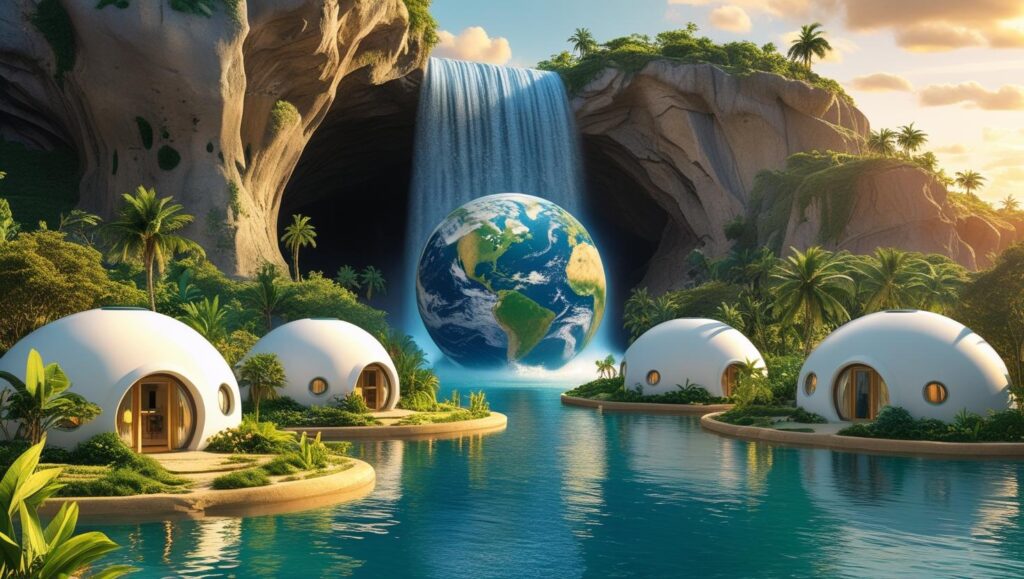 a bliss planet educational ecoviullage lagoon paradise with a large waterfall with a cave grotto behind the waterfall and 4 white small domed buildings and an earth globe centerpiece