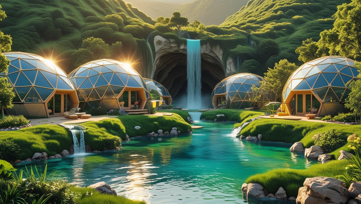 an innovative ecovillage with dome pods and a cave grotto waterfall lagoon paradise